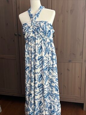 Grace Karin White and Blue Floral Halter Maxi Dress